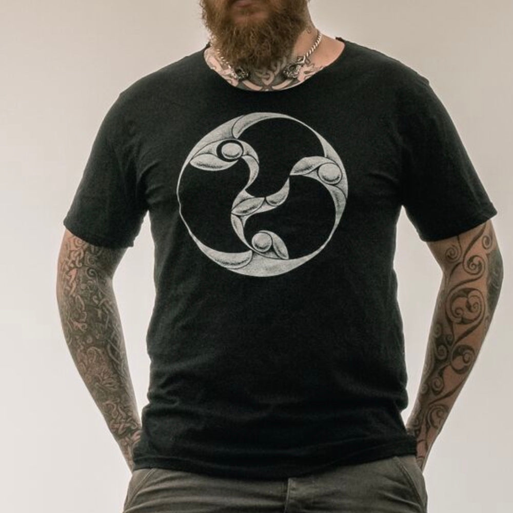 100% Organic cotton screen printed tee with celtic symbol from Anglesey, Wales. Designed by Sacred Knot Tattoo for Northern Fire Designs. Large sizes available