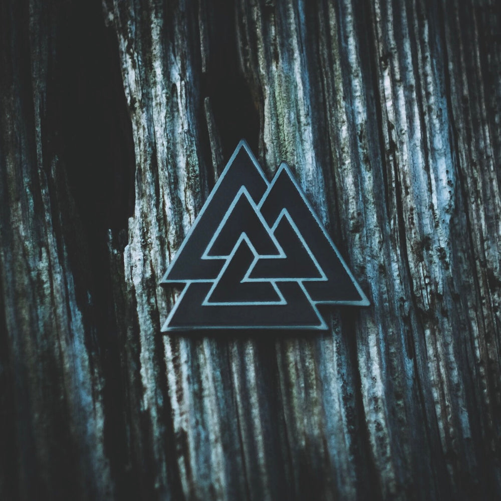 
                
                    Load image into Gallery viewer, Viking Valknut symbol enamel pin made by Sean Parry of Sacred Knot Tattoo for Northern Fire
                
            