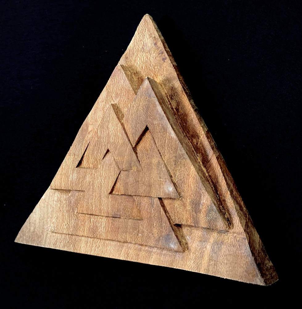 hand carved wooden viking valknut symbol
