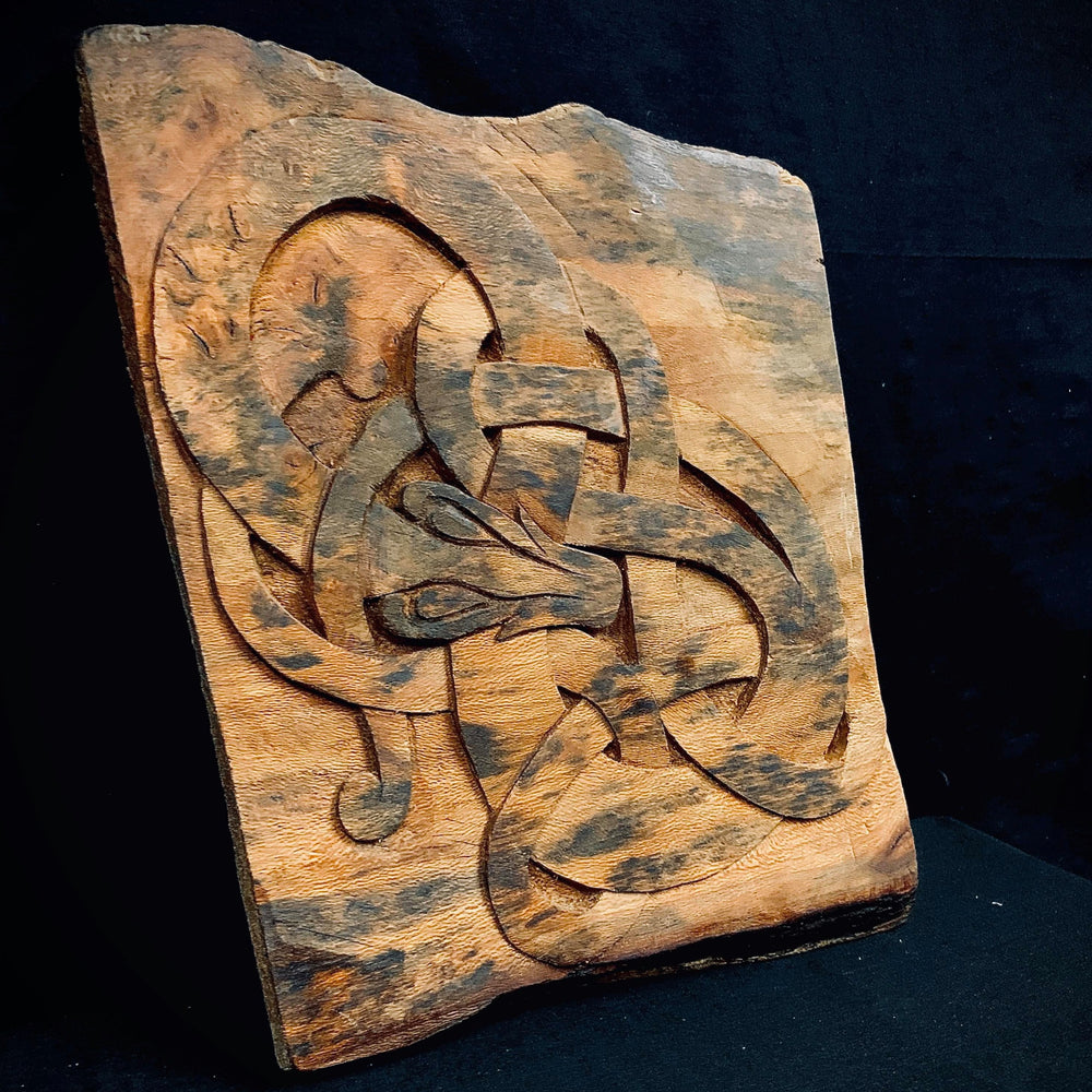 
                
                    Load image into Gallery viewer, hand carved viking snake on wood jormungandr
                
            