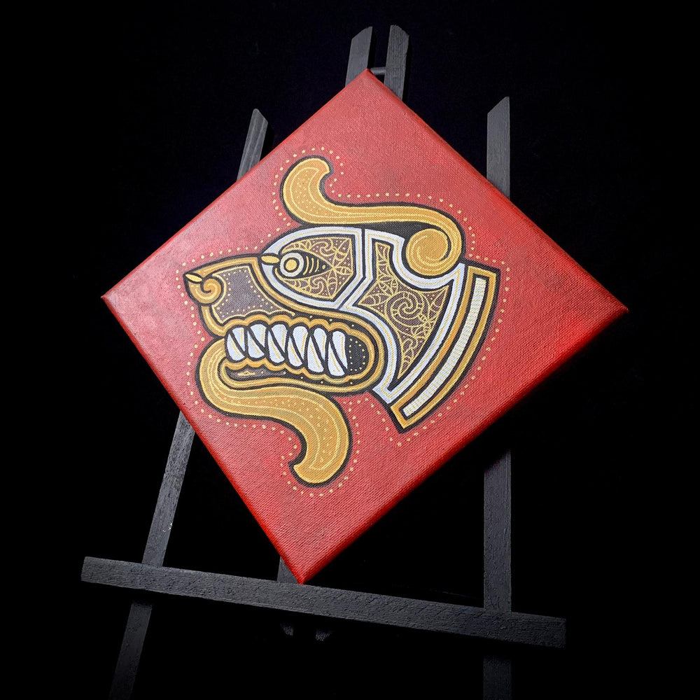 
                
                    Load image into Gallery viewer, Celtic Beast head painting on canvas by sacred knot tattoo
                
            