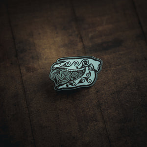 Celtic Horse Skull enamel pin designed by Dyrs Hjarta Art for Northern Fire. Cast in Hard enamel. Mari Lwyd welsh (Cymru) tradition