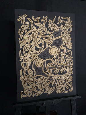 Viking wolf art print. Nordic art showing the binding of fenrir