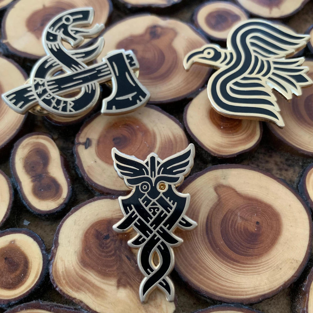 
                
                    Load image into Gallery viewer, Collection of Enamel Pins by Badger King Tattoo; Ragnar, Raven and Odin Godmask
                
            