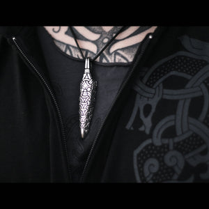 
                
                    Load image into Gallery viewer, Shining pewter pendant shown up close on the neck of a tattooed man wearing a black hoodies with grey dragon design
                
            