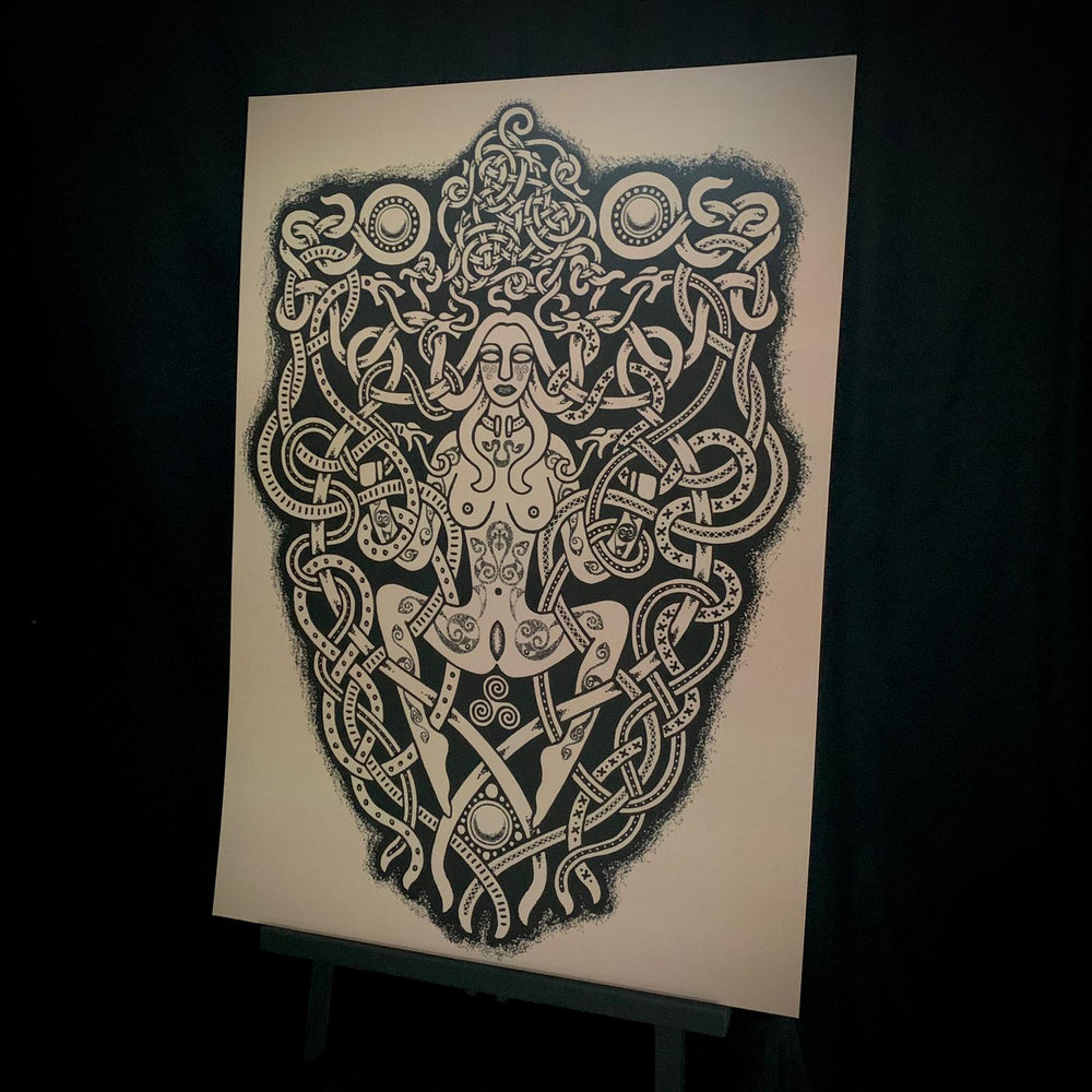 Sheela Na Gig inspired celtic artwork by Sean Parry of Sacred Knot Tattoo. Available as an A3 print
